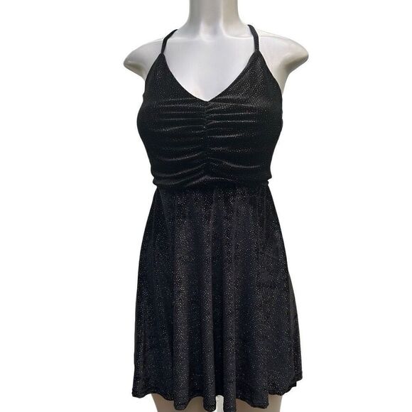Love Squared Fit & Flare Cocktail Dress Womens Medium Black Strappy Back Sparkly - Picture 3 of 16